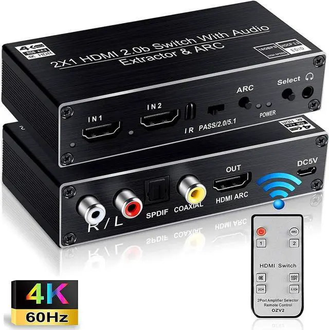 Main image of 2 port HDMI Switch Audio Extractor with R/L+Toslink SPDIF+COAXIAL Audio Out Adapter 4K 60Hz HDMI ARC Audio Switcher 2x1 Selector