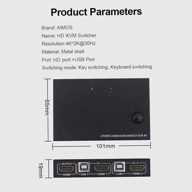 Alt view image 5 of 6 - AM-KM201 HDMI KVM Switcher 4K 2 in 1 out KVM Switcher Keyboard Mouse USB Shared Display Synchronization Controller BYKfgbl