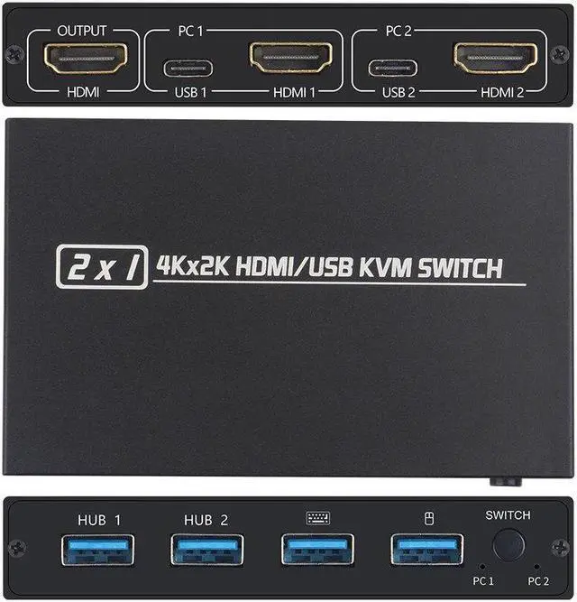 Alt view image 2 of 6 - 2-Port HDTV USB KVM 4K Switch Splitter For Shared Monitor Keyboard And Mouse Adaptive HDCP Printer Plug And Play
