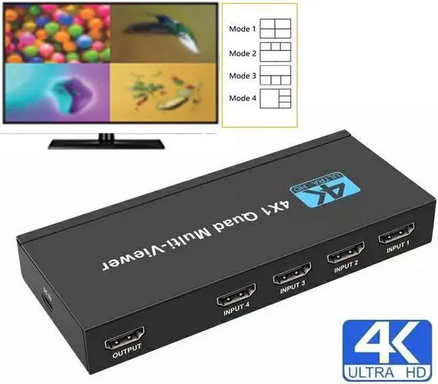 Alt view image 2 of 6 - HDMI 4x1 Multi-viewer switcher 4K Seamless Quad Screen Real Time Multi Viewer Splitter 4 in 1 out HDMI Switch Adapter with IR