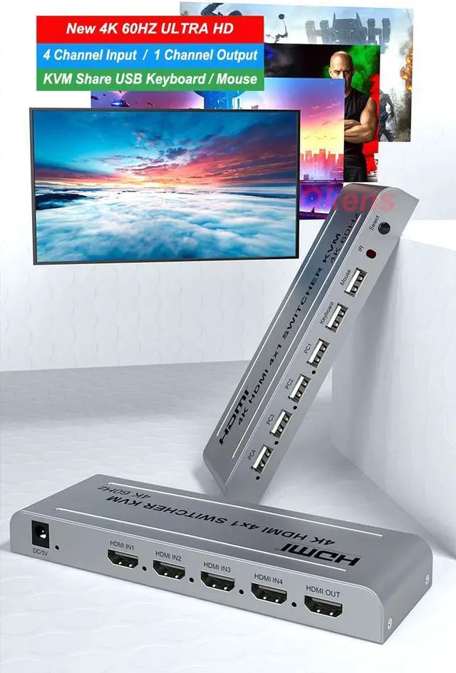 Alt view image 4 of 6 - 4K 60hz 4x1 HDMI KVM Switcher 4 In 1 Out Video Converter Support USB Keyboard Mouse Share DVD Laptop PC Computer To TV Projector