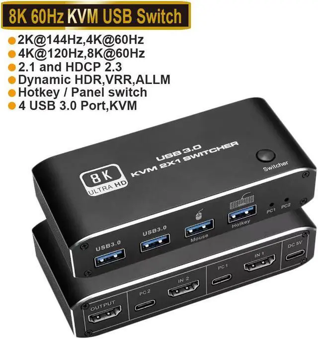 Alt view image 2 of 6 - HDMI-Compatible 2.1 KVM Switch Box 4K 120Hz 2 Ports USB 3.0 Switcher For 2 PC Or Laptop Sharing Keyboard Mouse Printer Monitor