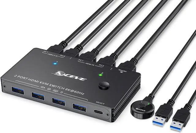 Main image of KCEVE USB3.0 KVM Switch HDMI 2 Ports 8K 60Hz HDMI 2.1 KVM Switch for 2 Computers 1 Monitor and 4 USB 3.0 Ports,,HDCP 2.3, HDR 10