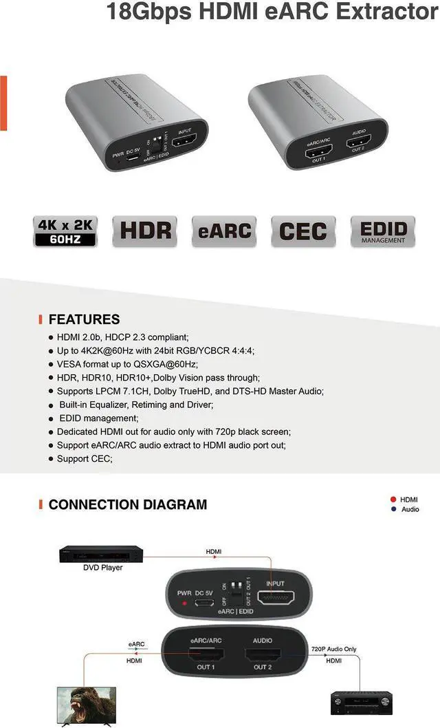 Alt view image 6 of 6 - HD eARC Audio Extractor 4K/60Hz 18Gbps Splitters Adapter HD Audio Extractor eARC loop for Amplifier Soundbar Speaker HDTV