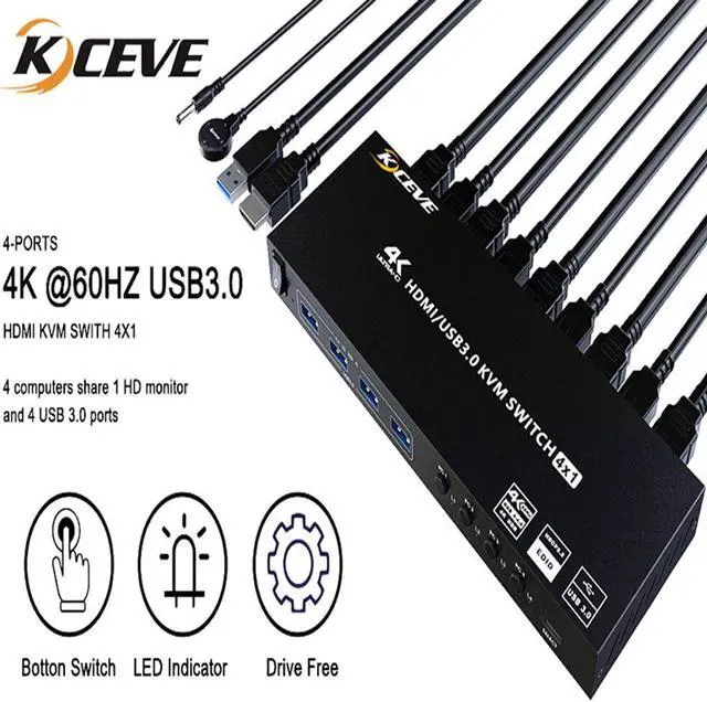 Alt view image 2 of 6 - 4 Port Support USB 3.0 KVM Switch, USB Hub HDR EDID HDMI USB Switch 4 in 1 Out and 4 USB 3.0 Port for Keyboard Mouse Print