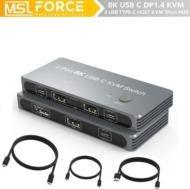 Main image of KVM Switch Dual Monitors 2 Laptop with USB-C to DP1.4 Video Output 8K60Hz 4K@144Hz DisplayPort Monitor with 3xUSB3.0 Data HUB