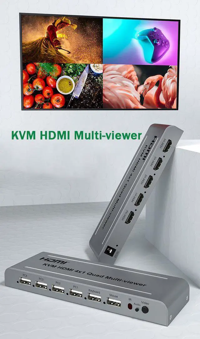 Alt view image 3 of 6 - 4x1 USB KVM HDMI KVM Multi-viewer 1080P HDMI Quad Screen Multiviewer Seamless Switcher 4 in 1 out Support USB Keyboard Mouse