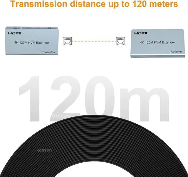 Alt view image 4 of 6 - 4K HDMI KVM Extender 120M HDMI USB Extender Over Ethernet Cat6/7 Cable with Loop-out Support USB Keyboard Mouse for PC Monitor