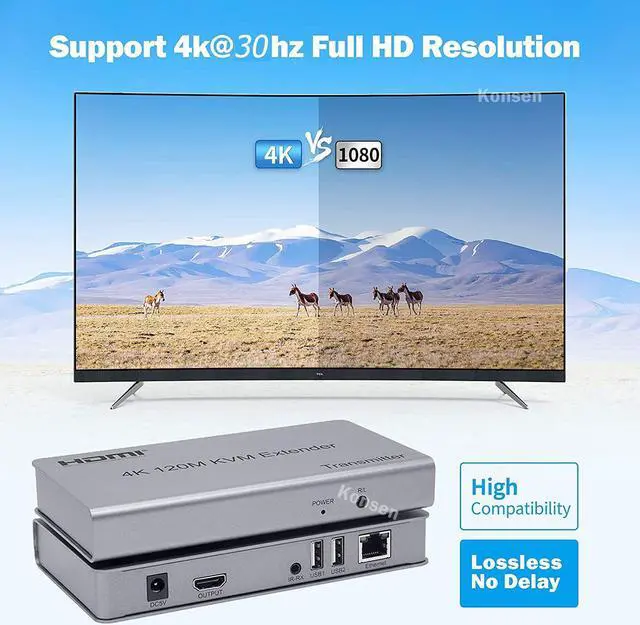 Alt view image 3 of 6 - 4K HDMI KVM Extender 120M HDMI USB Extender Over Ethernet Cat6/7 Cable with Loop-out Support USB Keyboard Mouse for PC Monitor