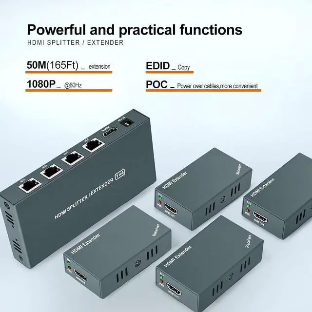 Alt view image 3 of 6 - 1x4 HDMI Extender Splitter 1080p Over Cat5e/Cat6 Ethernet Cable with  Loopout - Up to 50m/165ft - EDID Management 1920*1080@60Hz