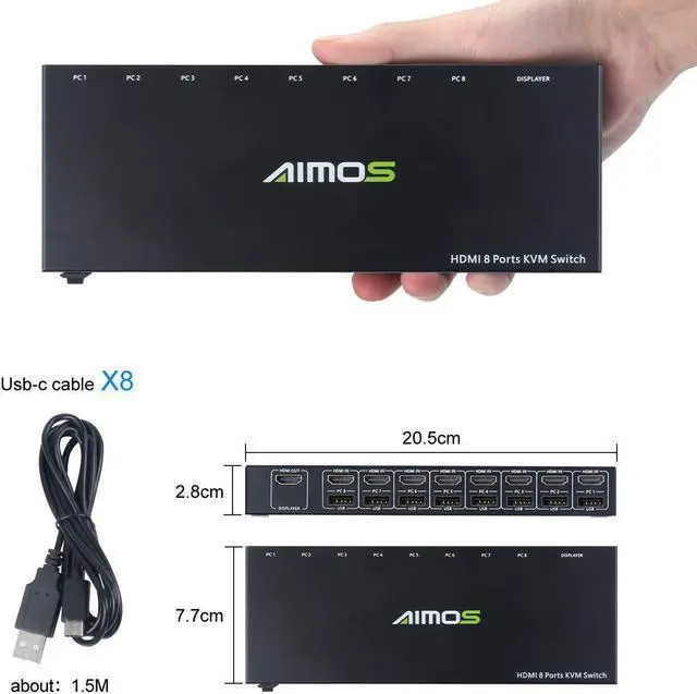 Alt view image 6 of 6 - AIMOS HDMI KVM Switch, 8 in 1 Out Switch Active Monitor Mouse Keyboard HDMI Switcher 4K @ 30Hz for Laptop, PC, PS4, Xbox