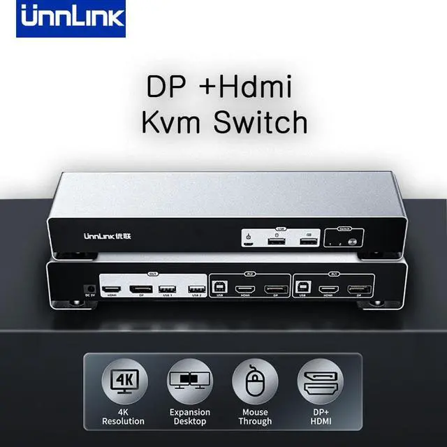 Main image of Unnlink KVM Switch HDMI+DP Switch KVM 4K Dual Monitor 2x2 Sharing  2 Hdmi 2 Display 4 USB For Mouse Keyboard Printer Udisk