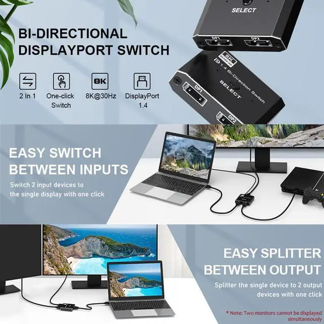 Alt view image 4 of 6 - Displayport 1.4 Switch 8K Displayport Bi-direction splitter switcher Displayport KVM 2X1 1X2 Display-port 8K@30Hz,4K@120Hz