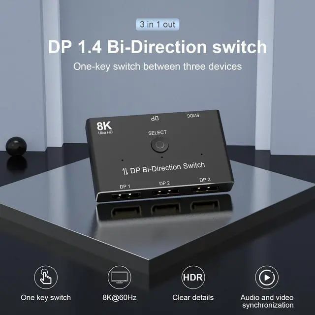 Main image of DisplayPort Switch 3 Port DP 1.4 Switcher Box Bi-Direction 1X3 or 3x1 32.4Gbps 8K@60Hz 4K@144Hz HDR for Display Port PC monitor