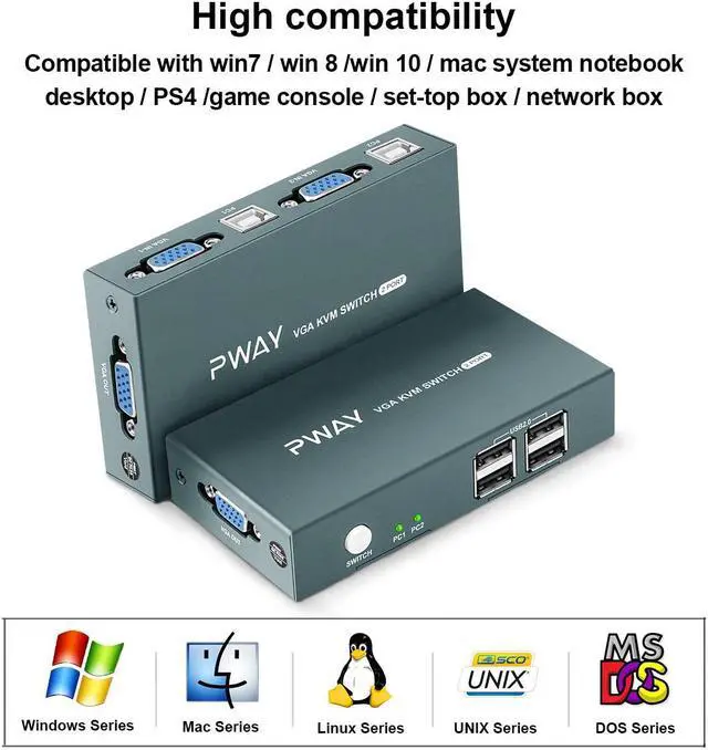 Alt view image 2 of 6 - 2 Port VGA KVM Switch  VGA with  2PC Computers Sharing 1  Keyboard Mouse Monitor for Working Video Meeting Teaching Conference