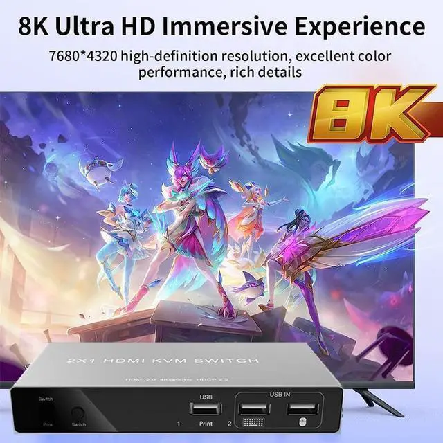 Alt view image 4 of 6 - 8K HDMI KVM Switch 2 in 1 out 8K 60Hz HDMI USB KVM Switcher Selector 2x1 Support 2 PC Share Mouse Keyboard Monitor for PC Laptop