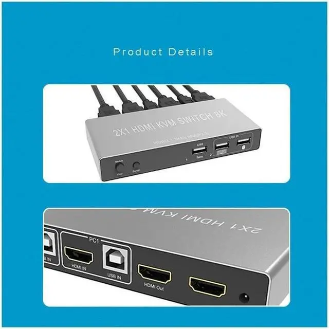 Alt view image 6 of 6 - 8K HDMI KVM Switch 2 in 1 out 8K 60Hz HDMI USB KVM Switcher Selector 2x1 Support 2 PC Share Mouse Keyboard Monitor for PC Laptop