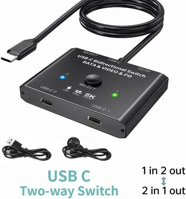 Main image of 100W USB Type-C Two-way Switcher Splitter 2x1 1x2 Bi-Direction KVM Data Video For Computer Monitor Mobile Phone Multiple Source