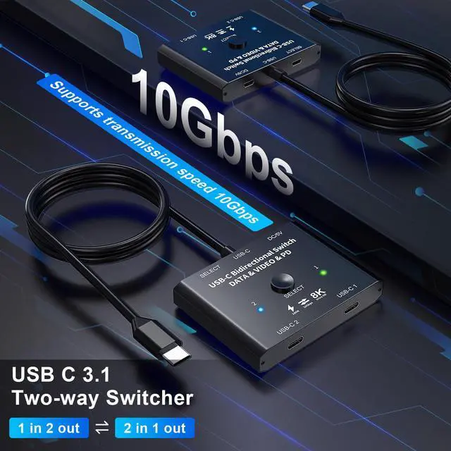 Alt view image 2 of 6 - 8K USB C Bi-Direction Switch 1x2/2x1 Data Video Switcher USB 3.1 PD 100W Splitter For Computer Monitor Multiple Source KVM