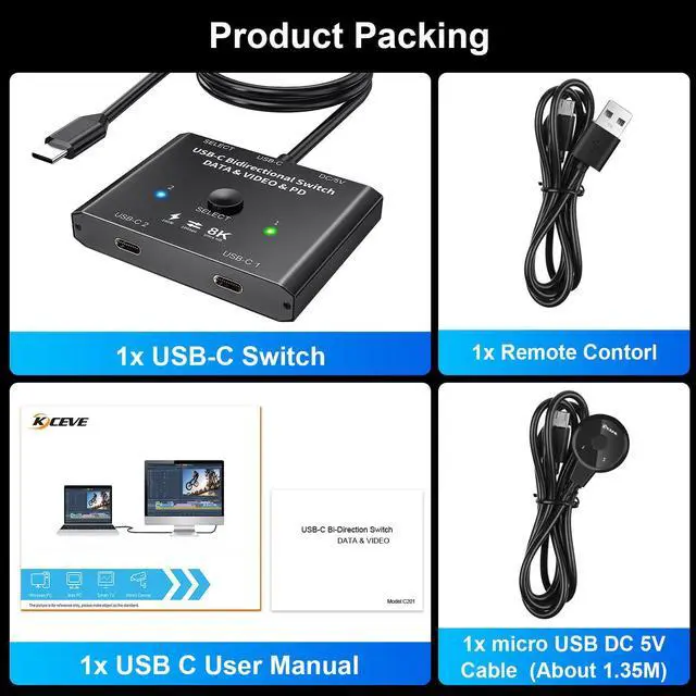Alt view image 6 of 6 - 8K USB C Bi-Direction Switch 1x2/2x1 Data Video Switcher USB 3.1 PD 100W Splitter For Computer Monitor Multiple Source KVM