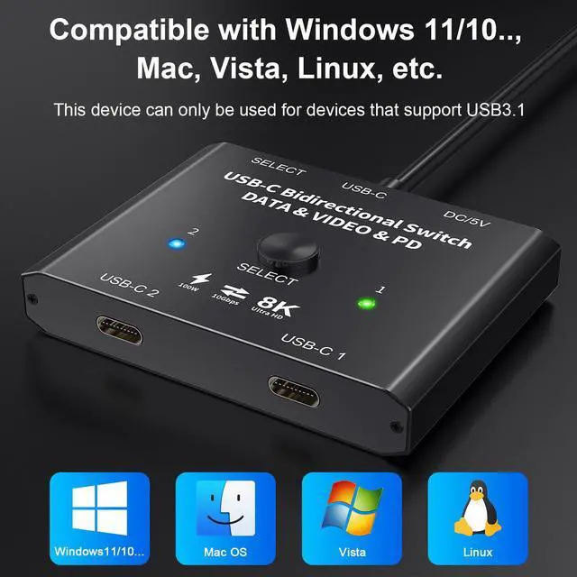 Alt view image 3 of 6 - 8K USB C Bi-Direction Switch 1x2/2x1 Data Video Switcher USB 3.1 PD 100W Splitter For Computer Monitor Multiple Source KVM