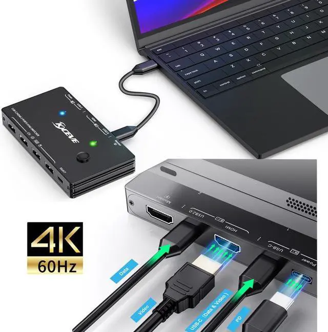 Main image of Control 2 Computer to Share Keyboard Mouse Monitor 2 In 1 Out Plug and Play USB-C/HDMI  KVM switcher USB Hub 4k@60Hz game Switch