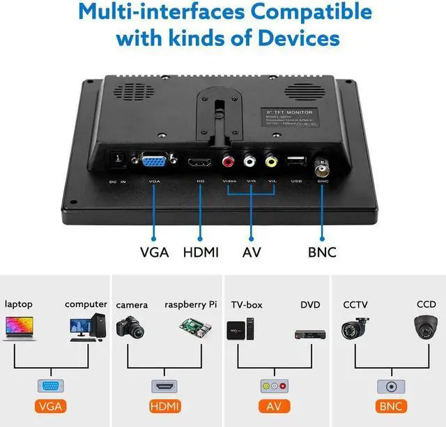 Alt view image 3 of 6 - 8 Inch HDMI Monitor 1024x768 Resolution Small Display Portable 4:3 TFT LCD Mini HD Screen Support HDMI VGA BNC AV Input