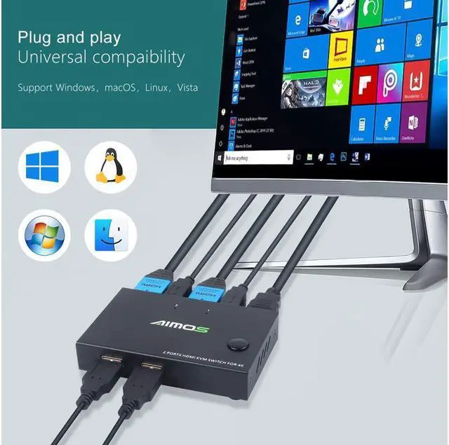Main image of KVM Switch HDMI 2 Port Box, 2 Computers Share one Set Wired or Wireless Keyboard & Mouse and one Monitor, Support UHD 4K @30Hz, Compatible Laptop/PC/PS4/Xbox/HDTV