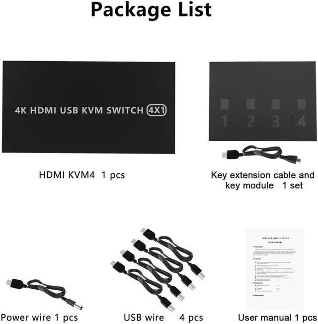 Main image of HDMI KVM Switch 4 Port HDMI Switcher, 4K @60Hz 4 In 1 Out KVM USB Switch Box for 4 PC Sharing Keyboard Mouse Monitor Compatible with Laptop, PC, PS4, Xbox HDTV