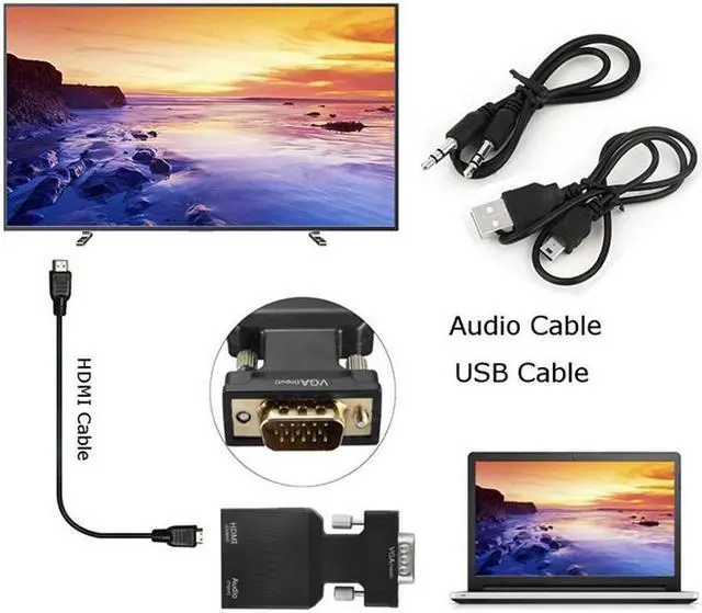 Alt view image 6 of 7 - VGA to HDMI Adapter Converter VGA Male to HDMI Female Adapter with Audio Cables for PC Laptop to HDTV Projector Video Audio Converter