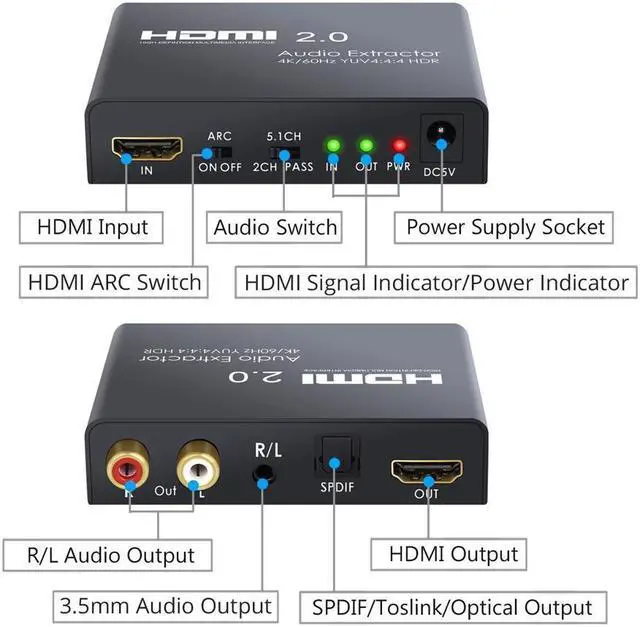 Alt view image 2 of 7 - HDMI Audio Extractor HDMI 2.0 to Optical TOSLINK SPDIF RCA L/R 3.5mm Headphone HDMI 2.0 Audio Extractor Support 4K 60Hz YUV 4:4:4 and HDR Adapter