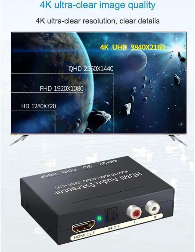 Alt view image 5 of 6 - HDMI Audio Splitter Extractor 4K Audio Converter HDMI to Digital Audio Fiber Analog Audio (SPDIF + L/R) Extraction
