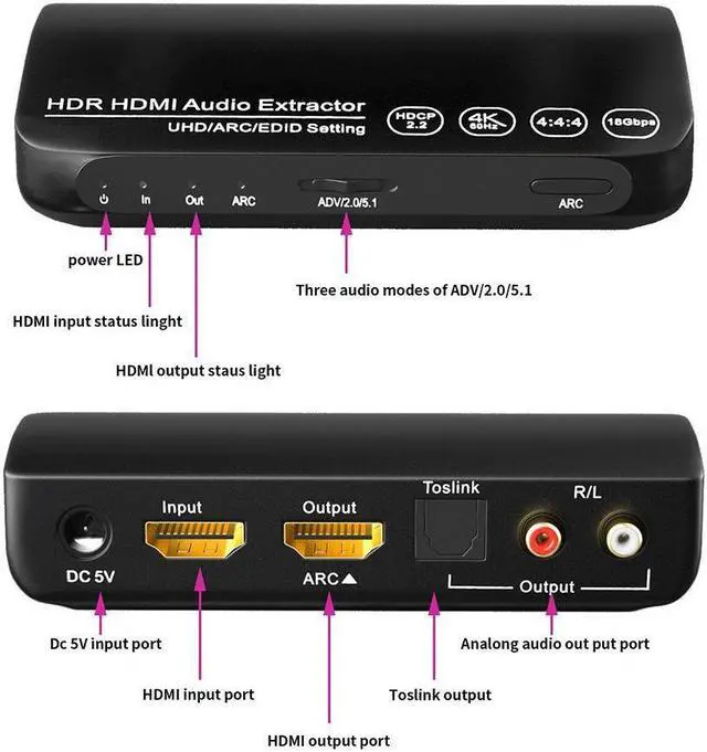 Alt view image 2 of 7 - HDMI 2.0 Audio Extrator 4K 60Hz HDMI Audio Splitter HDR 5.1CH HDMI ARC Converter UHD/ ARC/ EDID Toslink+L/R