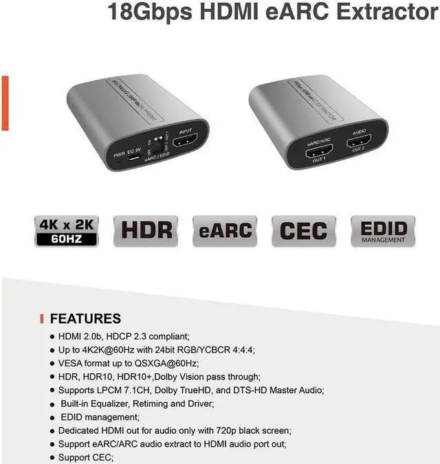 Alt view image 6 of 6 - HDMI eARC Audio Extractor ARC eARC Loop & Audio Extractor HDMI 2.0 4K2K@60Hz 18Gbps Video Bandwidth EDID Management Splitters for Amplifier Soundbar Speaker HDTV