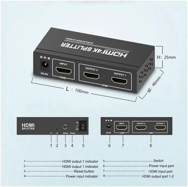 Alt view image 7 of 7 - 4K 1x2 HDMI Splitter Full HD 1080p HDMI Video Converter 1X2 Screen Split 1 In 2 Out Dual Display HDCP 3D for PS4 DVD PC To TV