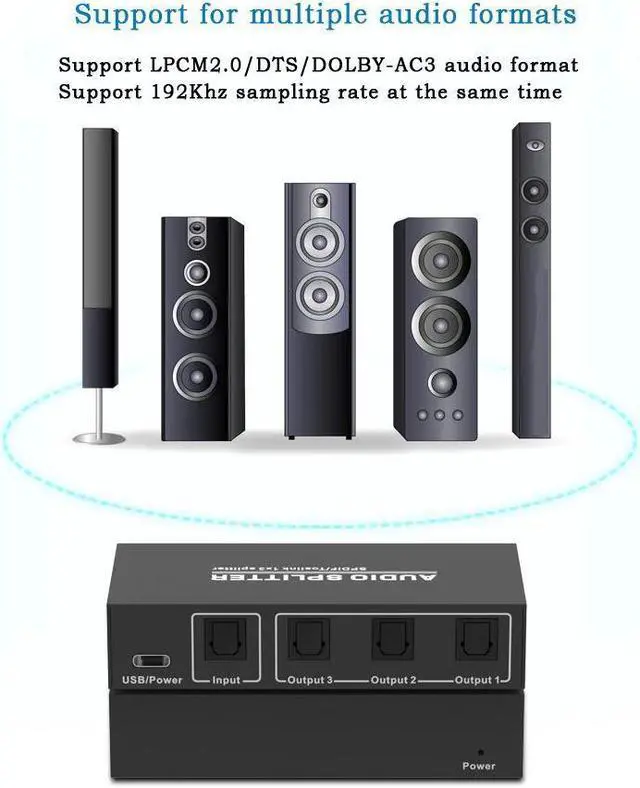Alt view image 6 of 7 - 3 Way Spdif Toslink Optical Digital Audio Splitter 1 input 3 Outputs Support LPCM 2.0 / DTS / AC3 Audio Switcher