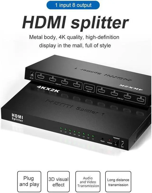 Alt view image 2 of 7 - 1 in 8 Out 4K HDMI Splitter 1x8 Ports Video Box Supports Full Ultra HD 4K/2K@ 30Hz 1080p and 3D Resolutions for PC Blu-Ray Player HDTV