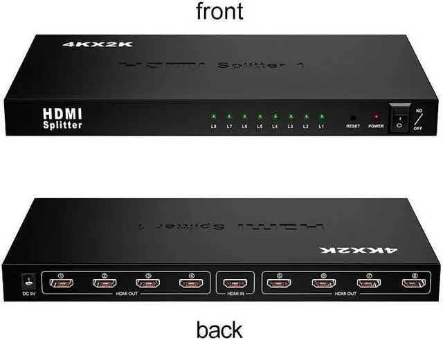 Alt view image 6 of 7 - 1 in 8 Out 4K HDMI Splitter 1x8 Ports Video Box Supports Full Ultra HD 4K/2K@ 30Hz 1080p and 3D Resolutions for PC Blu-Ray Player HDTV