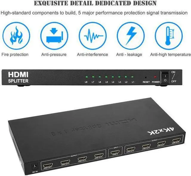 Alt view image 4 of 7 - 1 in 8 Out 4K HDMI Splitter 1x8 Ports Video Box Supports Full Ultra HD 4K/2K@ 30Hz 1080p and 3D Resolutions for PC Blu-Ray Player HDTV
