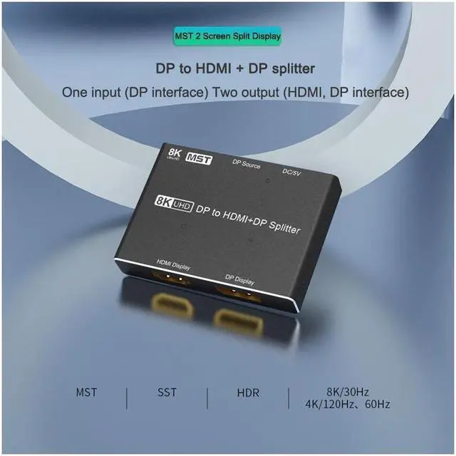 Alt view image 3 of 7 - 8K Displayport to HDMI + DP Splitter DP to HDMI Converter DP 8K@30Hz 4K@120Hz High speed 32.4Gbps for (DP HD) Dual Port Simultaneous Displays Support SST and MST