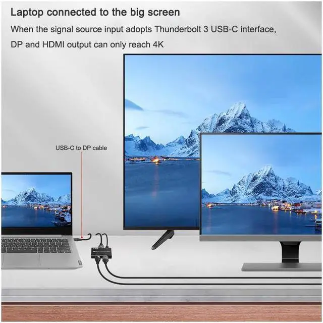 Alt view image 7 of 7 - 8K Displayport to HDMI + DP Splitter DP to HDMI Converter DP 8K@30Hz 4K@120Hz High speed 32.4Gbps for (DP HD) Dual Port Simultaneous Displays Support SST and MST