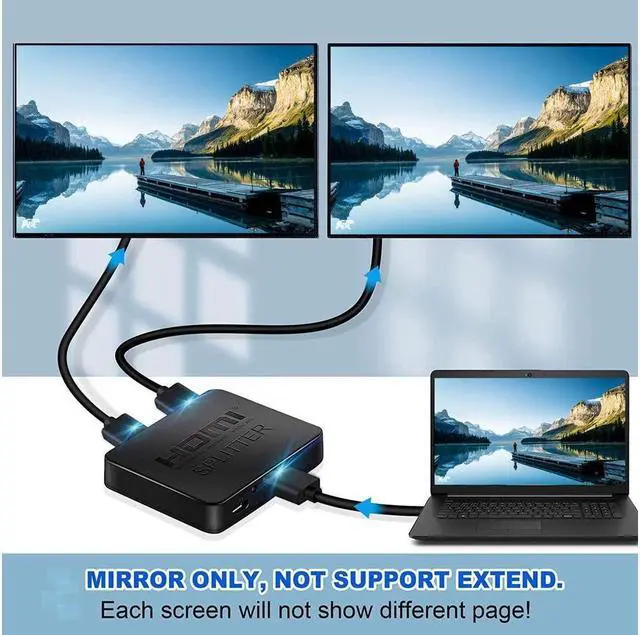Alt view image 2 of 7 - HDMI Splitter 1 in 2 Out, 4K HDMI Splitter for Dual Monitors Duplicate/Mirror Only, 1x2 HDMI Splitter 1 to 2 Amplifier for Full HD 1080P 3D with HDMI Cable (1 Source onto 2 Displays)