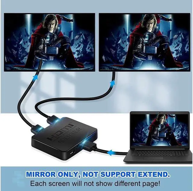 Alt view image 4 of 7 - HDMI Splitter 1 in 2 Out, 4K HDMI 3D Splitter for Dual Monitors, High Speed 2-Port HDMI Splitter for Blu-Ray Player, Full HD HDMI Amplifier Splitter for Xbox, PS4, PS3, DVD, HDTV