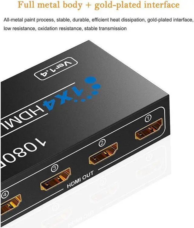 Alt view image 4 of 7 - HDMI Video Splitter 1x4 HDMI Splitter 1080P 3D Video Switch 1 in 4 Out Amplifier Display For HDTV DVD PS3/4