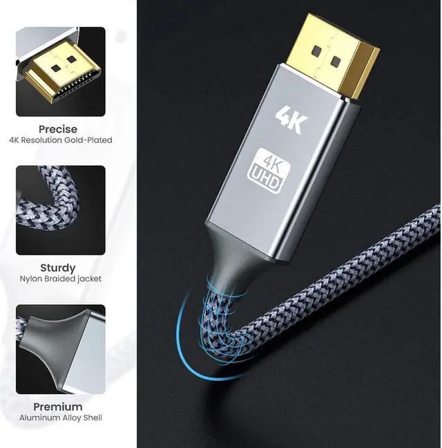 Alt view image 3 of 7 - DisplayPort to HDMI Cable 6ft/1.8M, 4K DP to HDMI Cable [Gold-Plated Plug, Aluminium Shell] Nylon Braided Uni-Direction Display Port to HDMI Lead, Compatible with Lenovo, HP, DELL, AMD, NVIDIA