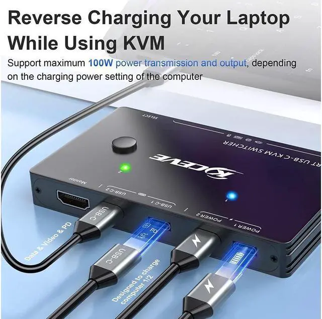 Alt view image 5 of 7 - 2 Ports USB Type-C KVM Switch 4K@60Hz, 2 in 1 Out USB C KVM Switch for 2 Computers Share 1 HDMI Monitor and USB Devices-Power Delivery 100W,Type-C KVM with USB-C Cable,HD-MI2.0 Cable and Wired Remote
