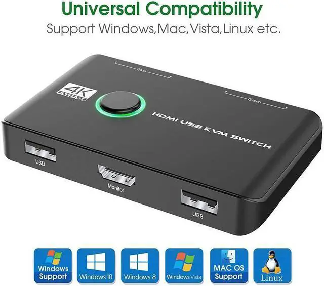 Alt view image 6 of 7 - 4K HDMI USB KVM Switch 2 Port Box, USB HDMI-Compatible Switches for 2 Computers Share Keyboard Mouse Printer and one HD Monitor, Support 4K @60Hz, with 2 USB Cables and 2 HDMI-Compatible Cables