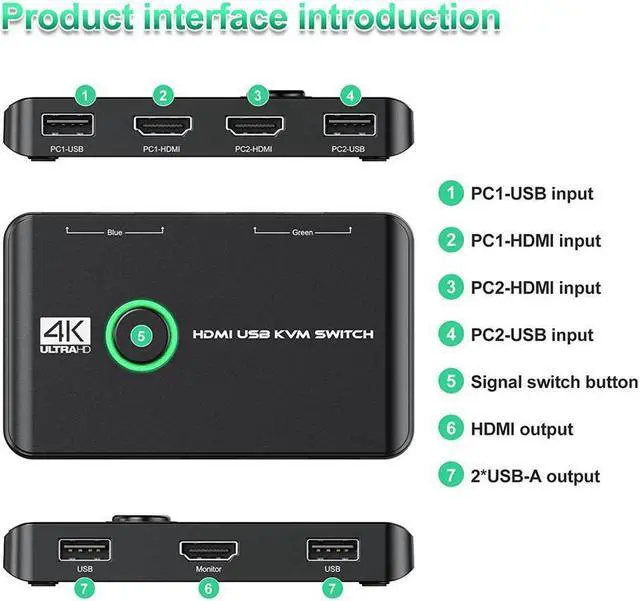 Alt view image 3 of 7 - 4K HDMI USB KVM Switch 2 Port Box, USB HDMI-Compatible Switches for 2 Computers Share Keyboard Mouse Printer and one HD Monitor, Support 4K @60Hz, with 2 USB Cables and 2 HDMI-Compatible Cables