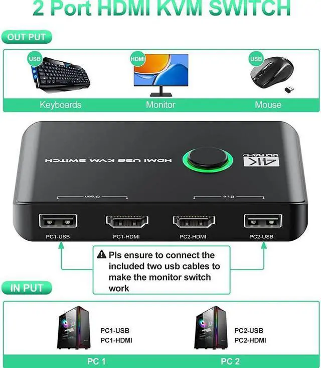 Alt view image 2 of 7 - 4K HDMI USB KVM Switch 2 Port Box, USB HDMI-Compatible Switches for 2 Computers Share Keyboard Mouse Printer and one HD Monitor, Support 4K @60Hz, with 2 USB Cables and 2 HDMI-Compatible Cables