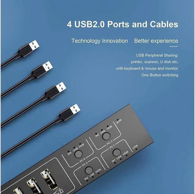 Alt view image 6 of 7 - HDMI KVM Switch 4 Port, USB Switch Share 4 Computers with One Monitor One-Button Swapping, HD 4K @60Hz, 4 In 1 Out KVM Switcher for Mouse Keyboard Printer Scanner with 4 USB Cables 1 Power Cable